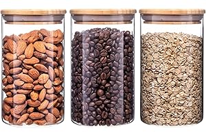 TEL CHARME * 950ml Tarros de Cristal con Tapa Bambú Juego de 3, Botes de Cristal de Cocina con Tapa de Bambu, Almacenaje Cocina, Frascos de Vidrio Herméticos con Tapas, para Pasta, Cereales, Galletas, Harina