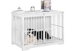 Hzuaneri 110cm Meble do klatki dla psa, skrzynia dla psa, 2 drzwi, nowoczesna klatka dla psa do wnętrz dla psów, stolik boczny, wzmocnione drzwi przesuwne, 110 × 65 × 81 cm, Biały