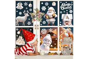 QRTDXP 9 Sheets Christmas Window Stickers for Xmas Party Decoration,White Reindeer Snowman Santa Claus Christmas Stereoscopic Window Clings for Window Door Display（Double-Side）