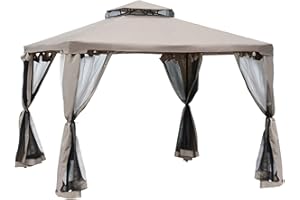 Outsunny Cenador de Jardín 3x3 m Pabellón de Exterior con Doble Techo de Ventilación 4 Cortinas Mosquiteras Laterales con Cremallera 8 Orificios de Drenaje Gazebo para Fiestas Patio Marrón Pardo