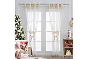 L.Z.E Christmas Gold and White Sheer Curtains for Living Room 84-85 Inch Drop with Eyelet Gold Curtains & Drapes for Bedroom 215 cm Long Transparent Window Sheers with Tiebacks Grommet Top