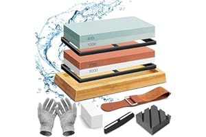 TAVADA Pierre à Aiguiser,Pierre à Aplatir,400/1000 3000/8000 Pierre à Affûter Double Face Grain avec Base en Bambou antidérapante, Support en Silicone Antidérapante,Guide d'angle