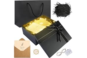 AUBESS Pudełko prezentowe z pokrywką, czarne, składane pudełko prezentowe na urodziny z kokardką, zestaw do pakowania prezentów z kartką z życzeniami, łańcuch świetlny, torba do noszenia, pudełko prezentowe