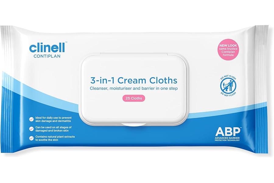Clinell CONTIPLAN Incontinence Cleansing Cloths with Barrier Cream - All in One Cleansing Wipes Cleanses, Soothes and Moisturises - Pack of 25 Cloths