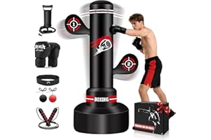 NZQXJXZ Sac de Frappe Adulte, 180cm Sac de Boxe Autoportant avec Gants de Boxe, Pompe, Corde à Sauter et Balle de Réflexe, Sac de Frappe Gonflable pour Hommes pour Entraînement Muay Thai MMA Fitness