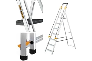 Drabest ÉCHELLES SÉRIES Pro Escabeau Ménager 7 Marches en Aluminium avec Mains Courantes 150 KG Escabeau en Aluminium Echelle Multifonctions - 50X217X12 cm