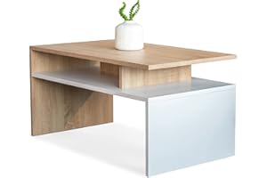 MeblePitus.pl Biały/Sonoma błyszczący stolik kawowy do salonu – nowoczesny wygląd, minimalistyczny styl – element betonowy błyszczący stolik kawowy