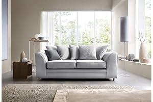 Abakus Direct 3 Seater Sofa - Stylish Chicago Three Seater Sofas for Living Room with Water Repellent Velvet Fabric | Contemporary Living Room Furniture in Light Grey | 180Wx89Dx78H