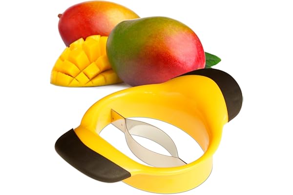 Relaxdays Coupe-mangue, diviser & dénoyauter, poignée antidérapante, lame acier inoxydable, trancheuse fruit, noir-jaune