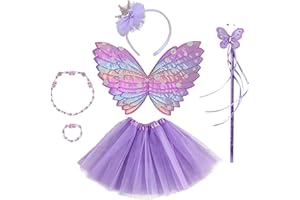 GWAWG Ensemble de 6 Pièces Deguisement Ailes de Papillon Couronne Princesse Fille Baguette Magique Fille Collier Papillon Bracelet Papillon Jupe Tutu Ailes de Fée Enfant Deguisement fille pour Enfant