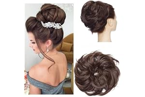 S-NOILITE Tousled Updo Chignon Désordonné Extension de Cheveux Naturels Queue de Cheval avec élastique Postiche Synthétique pour les Femmes Brun moyen