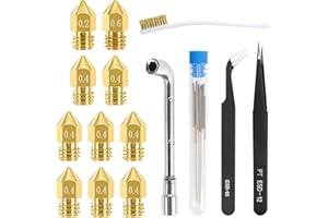 Wzone Kit de Boquillas Impresora 3D, Extrusor MK8 Boquillas de Latón 0,2mm, 0,4mm, 0,6mm Con Aguja de Limpieza, Pinzas y Cepillo, para Makerbot Creality CR-10