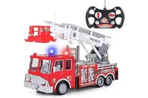 BAKAJI Camion dei Pompieri Radiocomandato Giocattolo Telecomandato per Bambini con Radiocomando Multidirezionale Sirena Luci Suoni e Scala Vigili del Fuoco Girevole ed Estensibile