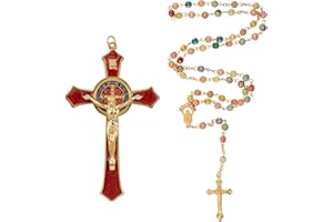 WANDIC Jesus Christus Kreuz Set, Rosenkranz Katholisch Gold, Jesus Figur Christliche Deko Kruzifix Wandkreuz mit Halskette, Katholisch Jesus Kette Bild für Zuhause Beten, Innendekoration, Kommunio