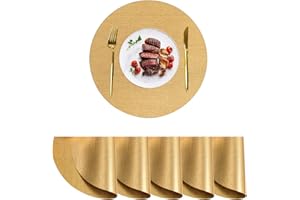 WARMHONE Set of 6 Gold Placemats and Coaster Sets Round PVC Non Slip Washable Placemats Sets for Restaurant Dinning Table (15x15 Inches)