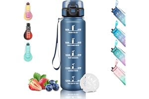 GRSTA Botella Agua Gym, Botella Reutilizable con Filtro y Marca de Tiempo, 1 Litro, Ideal para Yoga, Ciclismo y Correr, Azul Marino