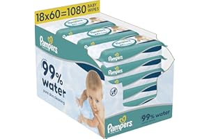Pampers 99% Water Baby Wipes Plastic Free, 18 Packs of 60 Wipes = 1080 Baby Wet Wipes, Light Lotion with 99% Water