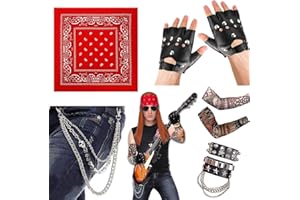 BIQIQI Hombres Punk Gothic Rocker Kit 70s 80s 90s Accesorios de Disfraces con Pantalones de Calaveras Llavero Pulsera de Cuero Guantes Punk Brazo Falso Tatuaje Manga Cubierta Hip-Hop Cintura