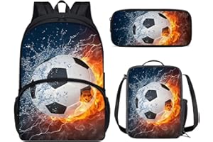 KUIFORTI 3D Soccer Boys Girls School Backpack Set,3 Pcs Kid's School Bag Sport Bags Set with Flame Football Print Lunch Box Pen Holder Casual Daypack Bookbags Large Laptop Rucksack