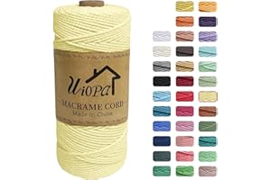 Uiopa Corde Macramé 2mm x 200m, Ficelle Macramé 3-Ply Corde Coton, Fil Macramé de Tressée DIY pour Cintres de Plantes Tentures Murales Jardinage Décoration Bohème (Jaune Clair)