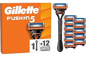 Gillette Fusion5 Maquinilla De Afeitar Hombre Con Recambios, 1 Mango y 12 Cuchillas De Afeitar Con 5 Hojas, Banda De Gel Lubricante y Recortadora De Precisión