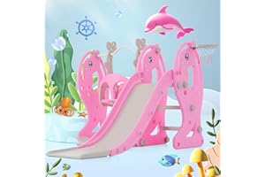 ModernLuxe Slide for kids, 4 in 1 Multifunctional Swing and Slide Set, Kids Slide with Adjustable Basketball Hoop and Climber, Dolphin Pattern, Indoor & Outdoor Kids Slide for Toddlers, Barbie Pink
