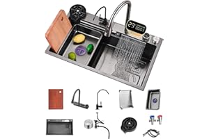 FIVIXIL Küchenspüle Einzelspüle mit Digitalanzeige im Wasserfall Mit ausziehbarem Wasserhahn, Drucktopfspüler und weiterem Zubehör Arbeitsplatzspüle (Gun grey, 85 * 46 * 22cm)