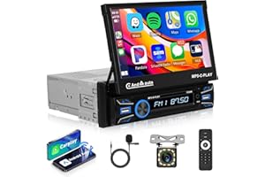 1 DIN Autoradio Écran Motorisé Rétractable 7 Pouces avec sans Fil Carplay Android Auto, Hodozzy Flip Out Ecran Tactile Poste Radio Voiture 1 Din Bluetooth FM MP5 USB/AUX/Lien Miroir/SWC+Caméra
