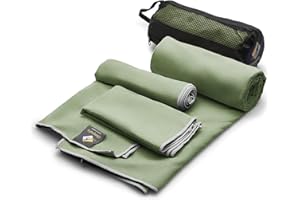 OlimpiaFit Set of 3 Microfiber Towels - Best for Gym Travel Camp Beach Backpacking Sports Outdoor Swim - Quick Dry Fast · Absorbent · Lightweight Men Women Gift Toiletry Bag (Khaki)
