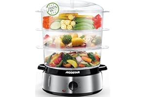 ‎AIGOSTAR Aigostar Dampfgarer mit Timer 9L, 3-Etagen Stapelkörbe Reisschale, 800W Dampfgarer Elektrisch, automatische Abschaltung, Edelstahl BPA frei, silber/schwarz. EINWEGVERPACKUNG.