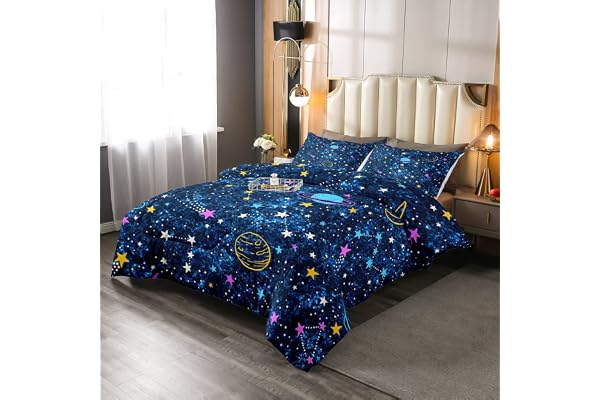 3D galax quiltad säng barn pojkar yttre rymden tema överkast enkel tecknad planeter stjärnor täcke universum stjärnhimmel sov