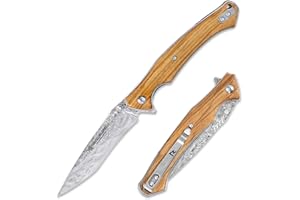 YOUSUNLONG Coltello pieghevole da campeggio - Lama in acciaio Damasco martellato - Rivestimento in legno d'ulivo italiano