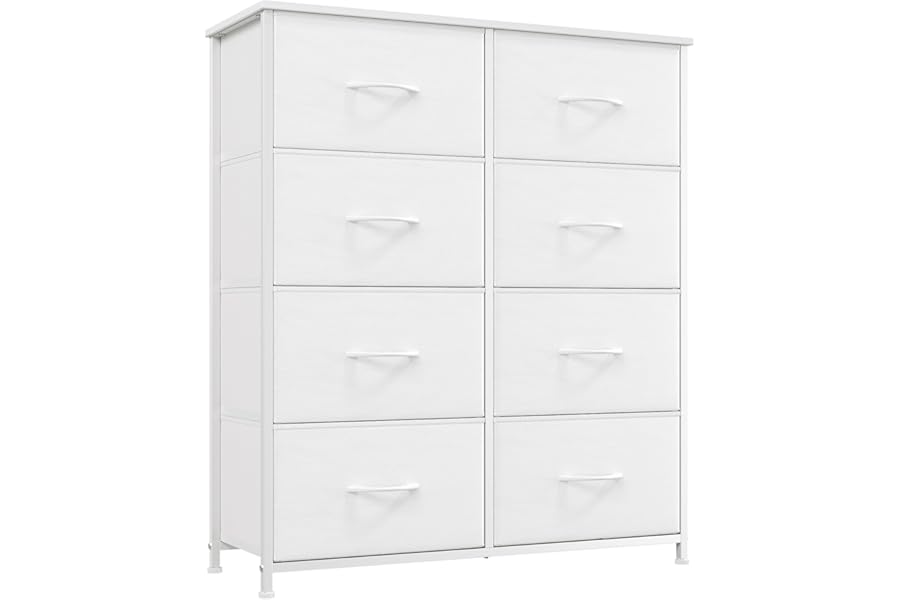 Somdot Tall Chest of Drawers for Bedroom with 8 Drawers, Wide Storage Organiser Fabric Dresser for Closet Nursery Bedside Living Room Laundry Entryway Hallway, White Leather