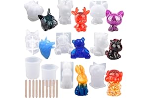 EuTengHao Lot de 20 moules 3D Aniaml comprenant 8 moules de moulage en résine transparents, 2 tasses de mesure, 10 bâtonnets en bois pour décoration de maison