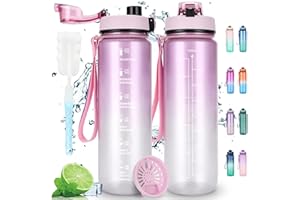 AOPREL Trinkflasche 1L - Sport Wasserflasche - Auslaufsicher Trinkflasche mit Filter Motivierende 1 Liter Trinkflasche für Familien Schulen Büros Bergsteigen Fahrrad Camping (Rosa-Silber-Gradient)