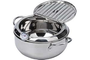 Hodeffior Fritteuse Topf Tempura Bratpfanne 304 Edelstahl Flacher Boden Japanischer Stil Kochgeschirr W/Deckel & Temperaturregelung Thermometer