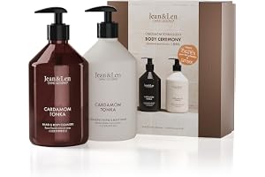 Jean & Len Body Ceremony Cardamom & Tonka presentset, vegan, 2 x 500 ml | Med Hand & Body Cleanser och Hand & Body Balm, milt kryddig doft, FSC-certifierad förpackning