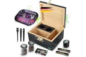 Mari & Juan Bambusbox Grinder Box I Aufbewahrungsbox mit Zahlenschloss, inkl. Rolltablett Blättchen Filter Glasbehälter u.v.m. I Grinder Set I Kräuter Zubehör Stash Box I Crusher Set in Anthrazit