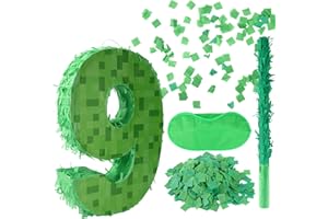 SAVITA Number Mini Pixel Piñata, Green Pixel Birthday Party Decorations with Stick Blindfold Confetti Piñata Party Set for Birthday Decorations (9)
