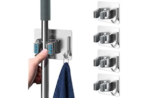 FUNNYTEK Porta Scope Parete 4 PCS Portascope da Muro Appendibile Adesivo, Appendiscope da Muro Acciaio Inossidabile, Multifunzione Ganci Supporto Scopa Autoadesiva per Garage, Cucina, Giardino e Ufficio,grigio