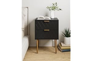 HEYZOEY Bedside Table, Small Bedside Tables with 2 Drawers, Wooden Nightstand with Gold Legs, Mid-Century Modern Bed Side End Table for Bedroom, Living Room, Black