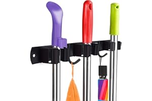 Huryfox Soporte de Escobas y Fregonas Montado en Pared - Resistente Estante de Acero Inoxidable con Ganchos para Utilidades, Diseño Ajustable y Organización de Almacenamiento para Lavandería y Baño