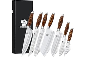 WILDMOK Juego de 7 Cuchillos de Cocina con Mango de Pakkawood Premium Juego de Cuchillos de Acero Alemán Incluye Cuchillo de Carnicero, Cuchillo de Chef y Juego de Cuchillos Santoku