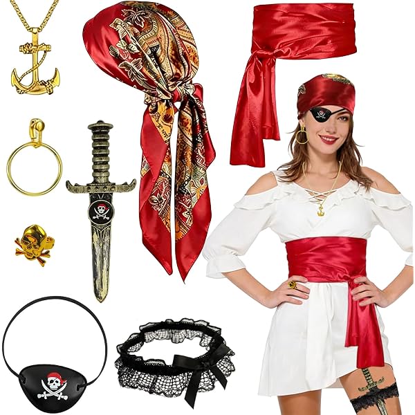 FloralGrace Costume Pirate Femme Ensemble 4 Pièces Chapeau Bandana Ceinture Corset Cache-Oeil Collier Accessoires Costume Médiéval