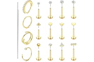 KRFY 16 Pezzi Piercing Orecchio Trago ipoallergenici Piercing Naso Brillantino Acciaio Chirurgico 316L Medusa Septum Helix Labbro Piercing Oro Argento Orecchio 18G/20G