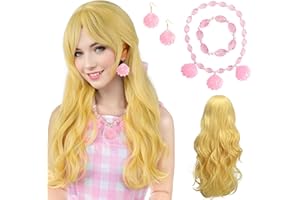 BIQIQI Peluca Rubia Larga Eluca Largo Rizo de Cosplay Anime con Collar de Concha Rosa, Pendientes con Forma de Concha Rosa, Pulsera Rosa para Cosplay, Disfraces y Fiestas, Halloween, Carnaval