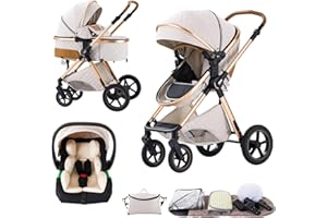 BEBBY 3-in-1 Kinderwagen KombiKinderwagen-Set 2-in-1 Buggy faltbar Luxus Hochlandschaft Neugeborenes Tragbarer Zusammenklappbarer Kinderwagen Travel System (Rice white, H2)