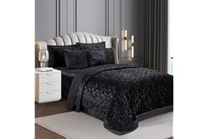 PRIME LINENS Luxury 3 Piece Quilted Plush Velvet Bedspread Bedding Set Ultra Soft Crushed Velvet Bedspread Comforter Bed Throw with 2 Pillow Cases (Black, Super King)