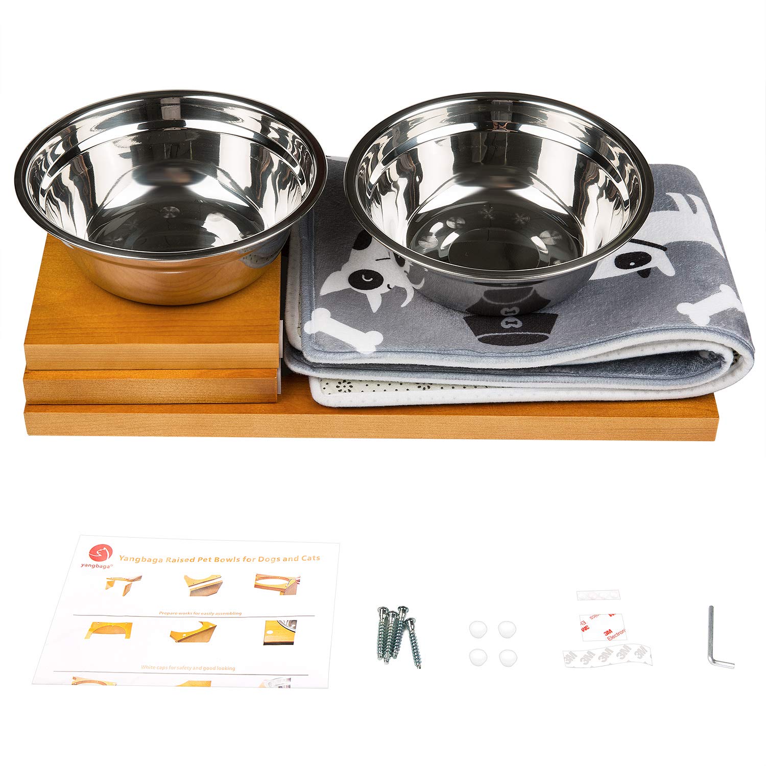 Yangbaga-Gamelle-Surleves-Hauteur-30CM-Parfait-pour-Grands-Chiens-Support-Elev-en-Bois-avec-Gamelles-INOX-de-Grande-TailleTapis-Gamelle-Chien-Chat-Inclus-Ultra-Absorbant