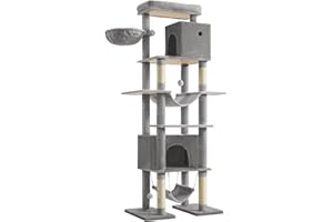 Feandrea Albero per Gatti Grande, Tiragraffi Multilivello XXL, Alto 201 cm, con una Piattaforma, un'Amaca, 2 Casette per Gatti, 2 Amache, Kit Antiribaltamento, Grigio Chiaro PCT195G01